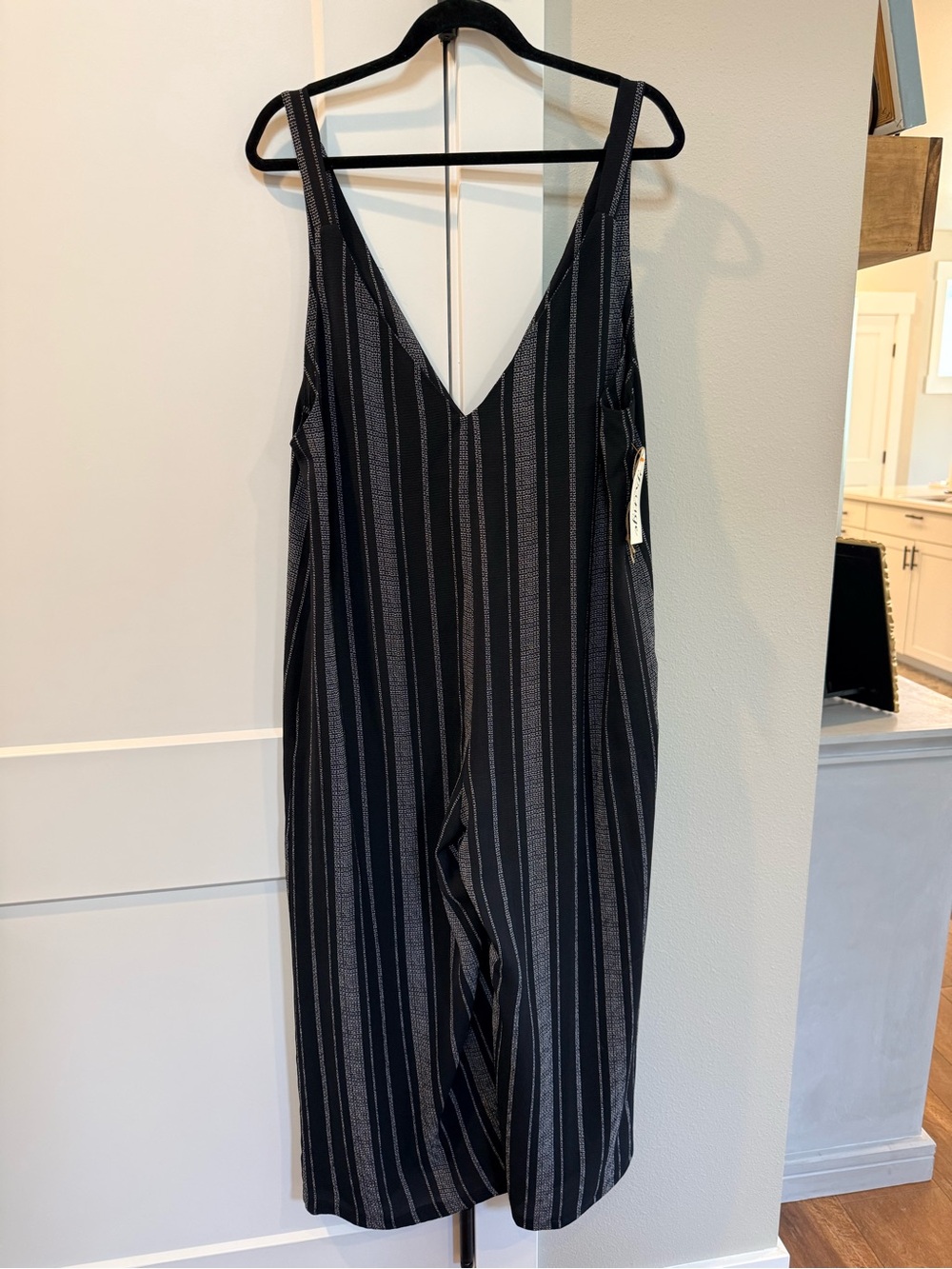 Vertical-Stripe V-Neck Black Jumpsuit